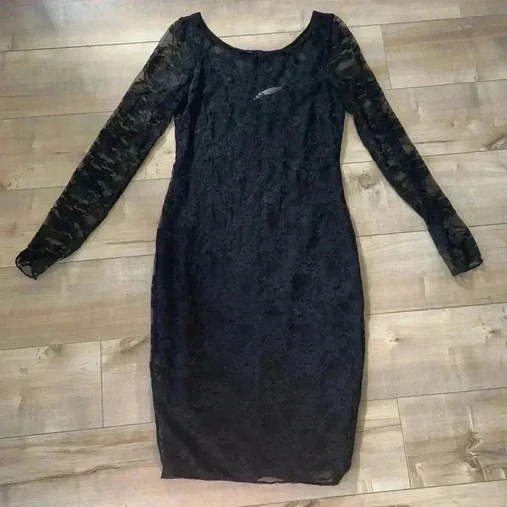Bailey 44 Midi Black Lace Dress Long Sleeves Sz M